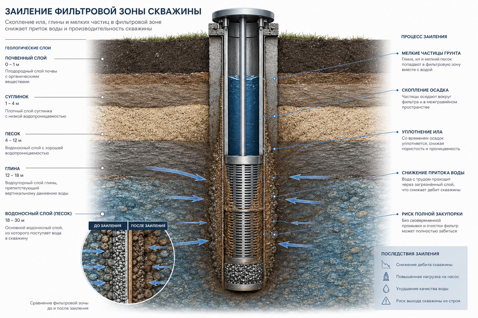 Фильтровая зона скважины с накопившимися отложениями и илом
